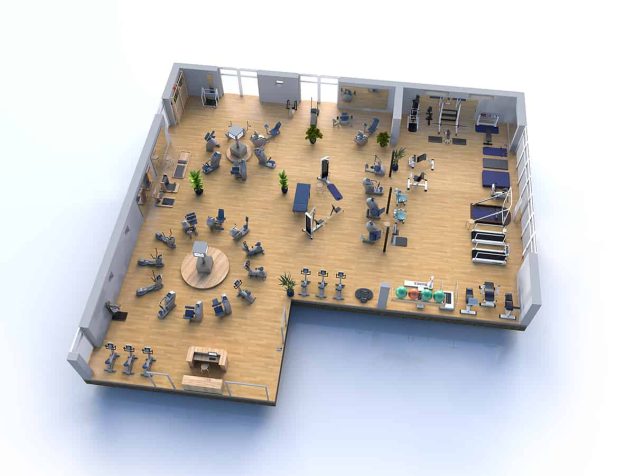 Man sieht ein 3D animiertes Bild der Fitnessräume von der Firma Schubert
