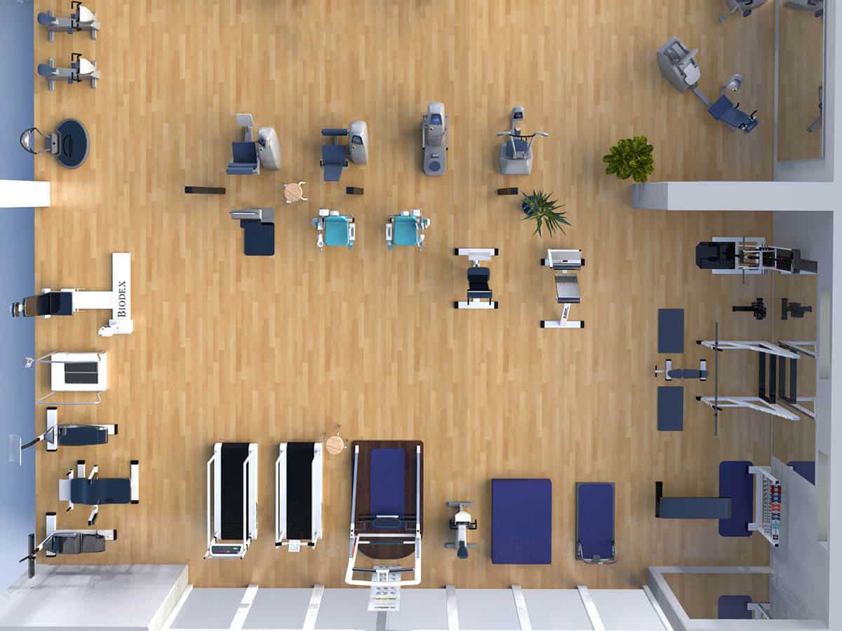 Man sieht ein 3D animiertes Bild eines Fitnessraums von der Firma Schubert