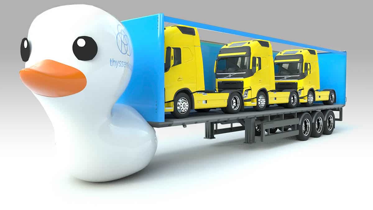Man sieht ein 3D animiertes Bild von einer Ente die einen Anhänger voll mit LKWs zieht.